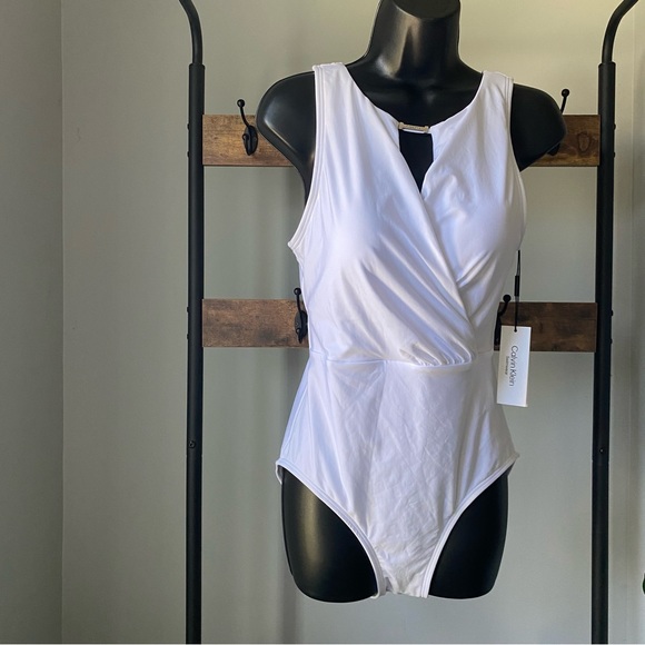 Calvin Klein Women's Tummy Control Panel High Neckline One Piece, Soft White 10 - Picture 3 of 7